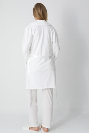 Guipure Collar 3-Piece Maternity-Nursing Pajama & Jacquard Robe Set Ecru - 3455