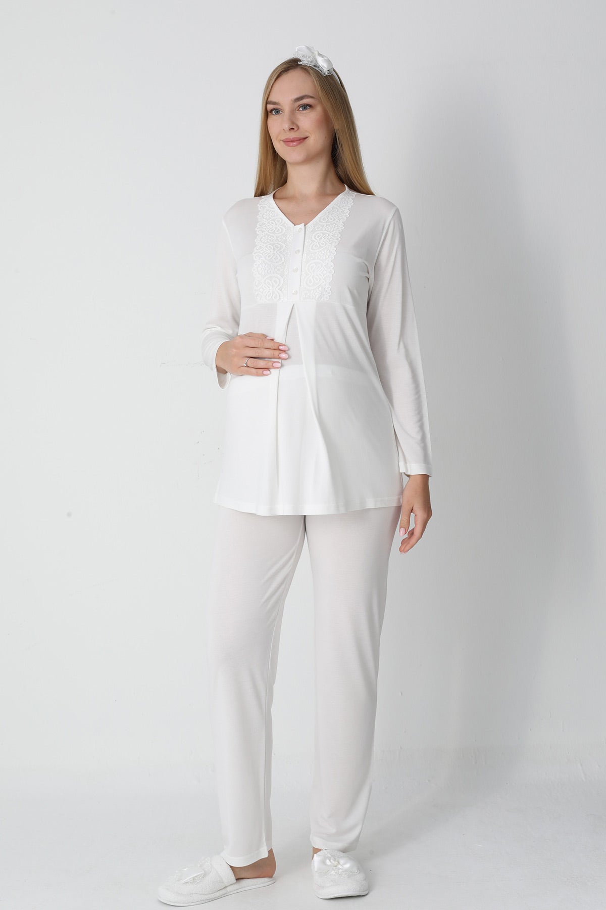Guipure Collar 3-Piece Maternity-Nursing Pajama & Jacquard Robe Set Ecru - 3455