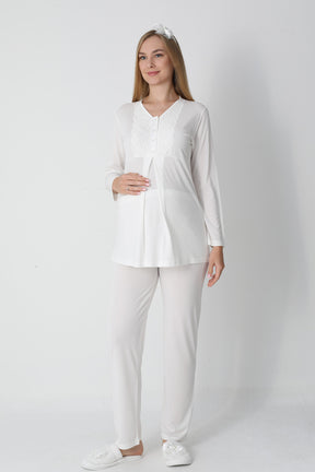 Guipure Collar 3-Piece Maternity-Nursing Pajama & Jacquard Robe Set Ecru - 3455
