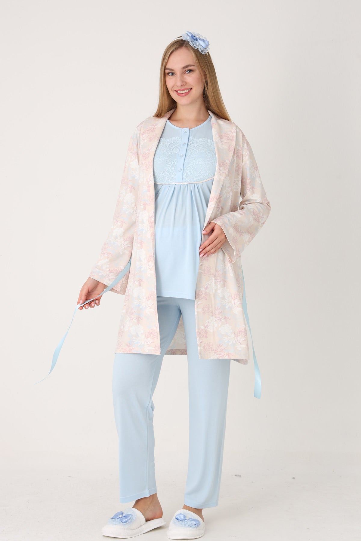 Guipure Collar 3-Piece Maternity-Nursing Pajama & Patterned Robe Set Blue - 3456