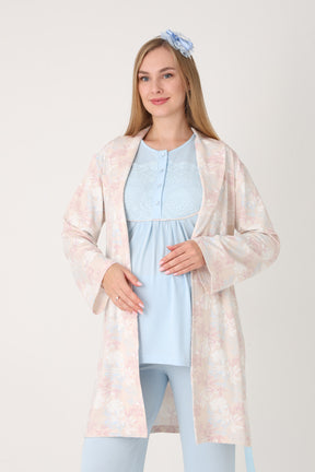 Guipure Collar 3-Piece Maternity-Nursing Pajama & Patterned Robe Set Blue - 3456