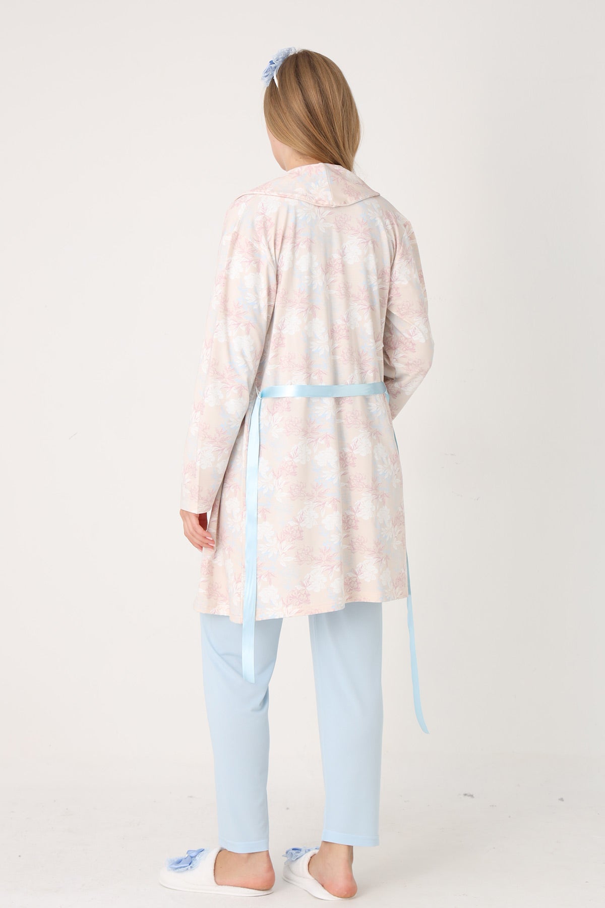 Guipure Collar 3-Piece Maternity-Nursing Pajama & Patterned Robe Set Blue - 3456