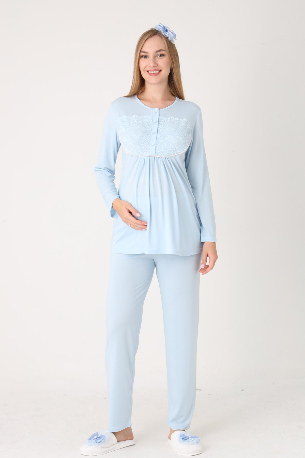 Guipure Collar 3-Piece Maternity-Nursing Pajama & Patterned Robe Set Blue - 3456