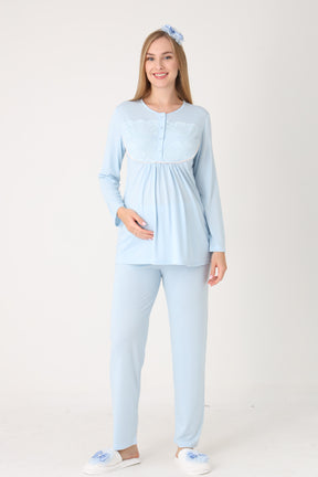 Guipure Collar 3-Piece Maternity-Nursing Pajama & Patterned Robe Set Blue - 3456
