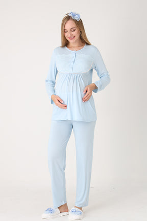 Guipure Collar 3-Piece Maternity-Nursing Pajama & Patterned Robe Set Blue - 3456