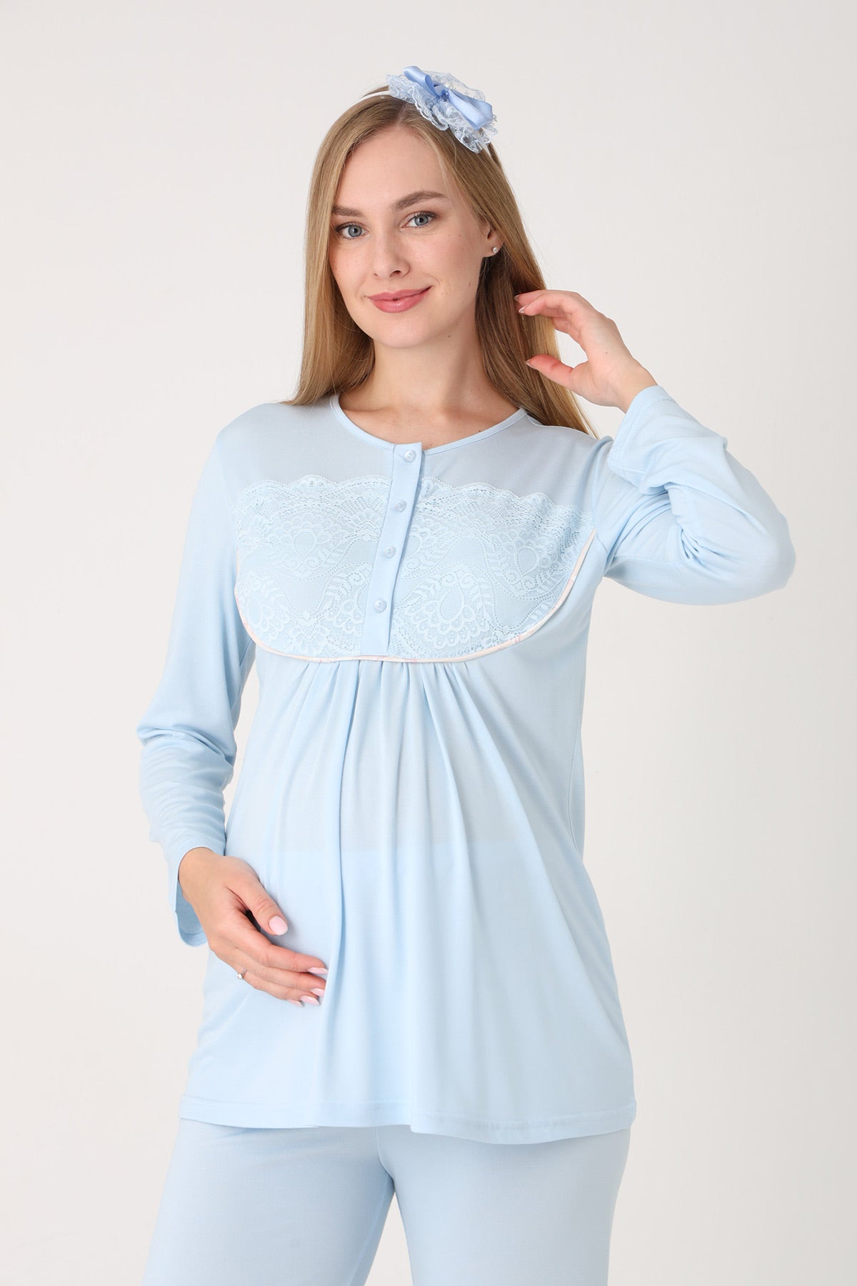 Guipure Collar 3-Piece Maternity-Nursing Pajama & Patterned Robe Set Blue - 3456