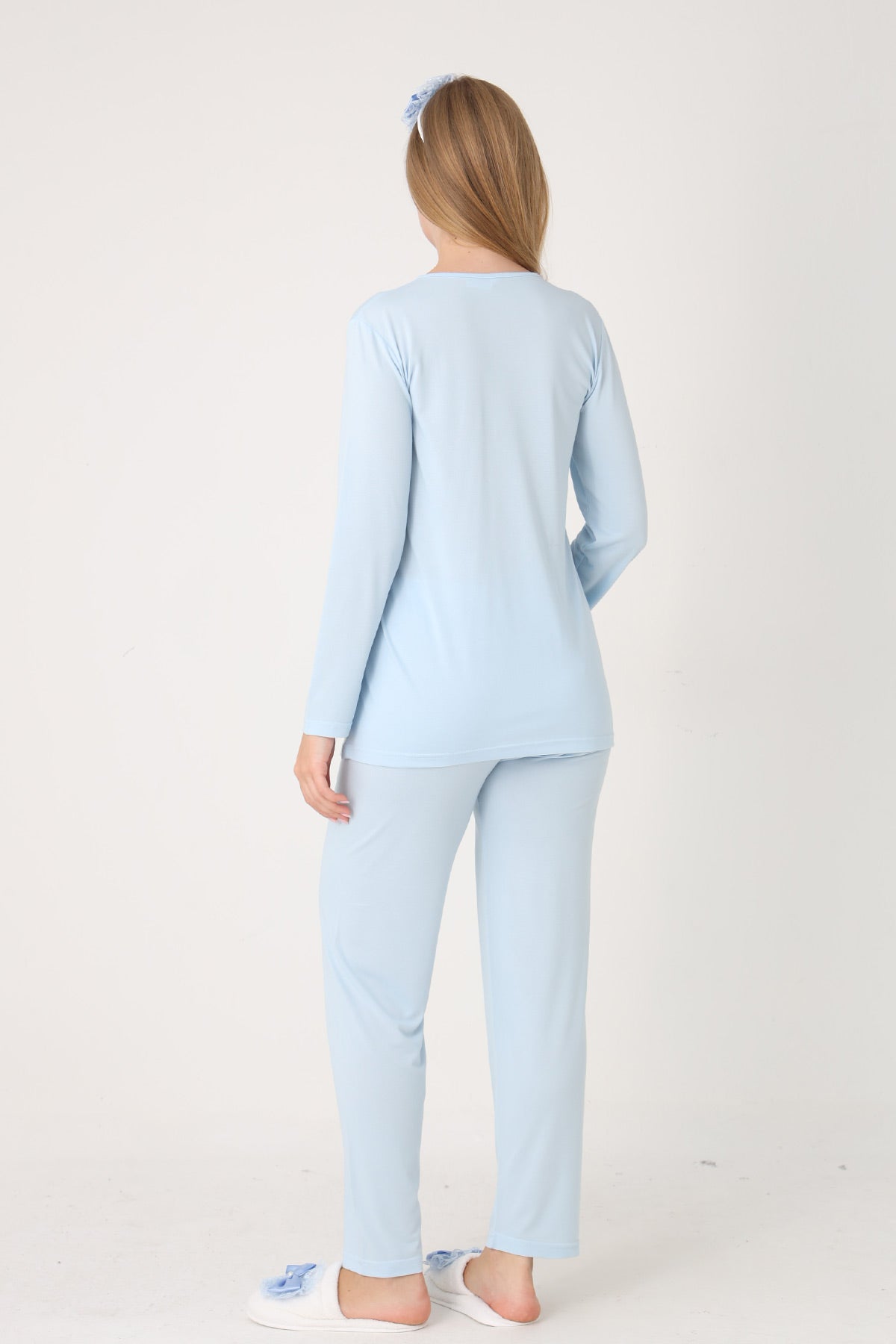 Guipure Collar 3-Piece Maternity-Nursing Pajama & Patterned Robe Set Blue - 3456