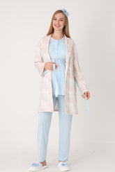 Guipure Collar 3-Piece Maternity-Nursing Pajama & Patterned Robe Set Blue - 3456