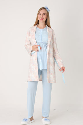 Guipure Collar 3-Piece Maternity-Nursing Pajama & Patterned Robe Set Blue - 3456