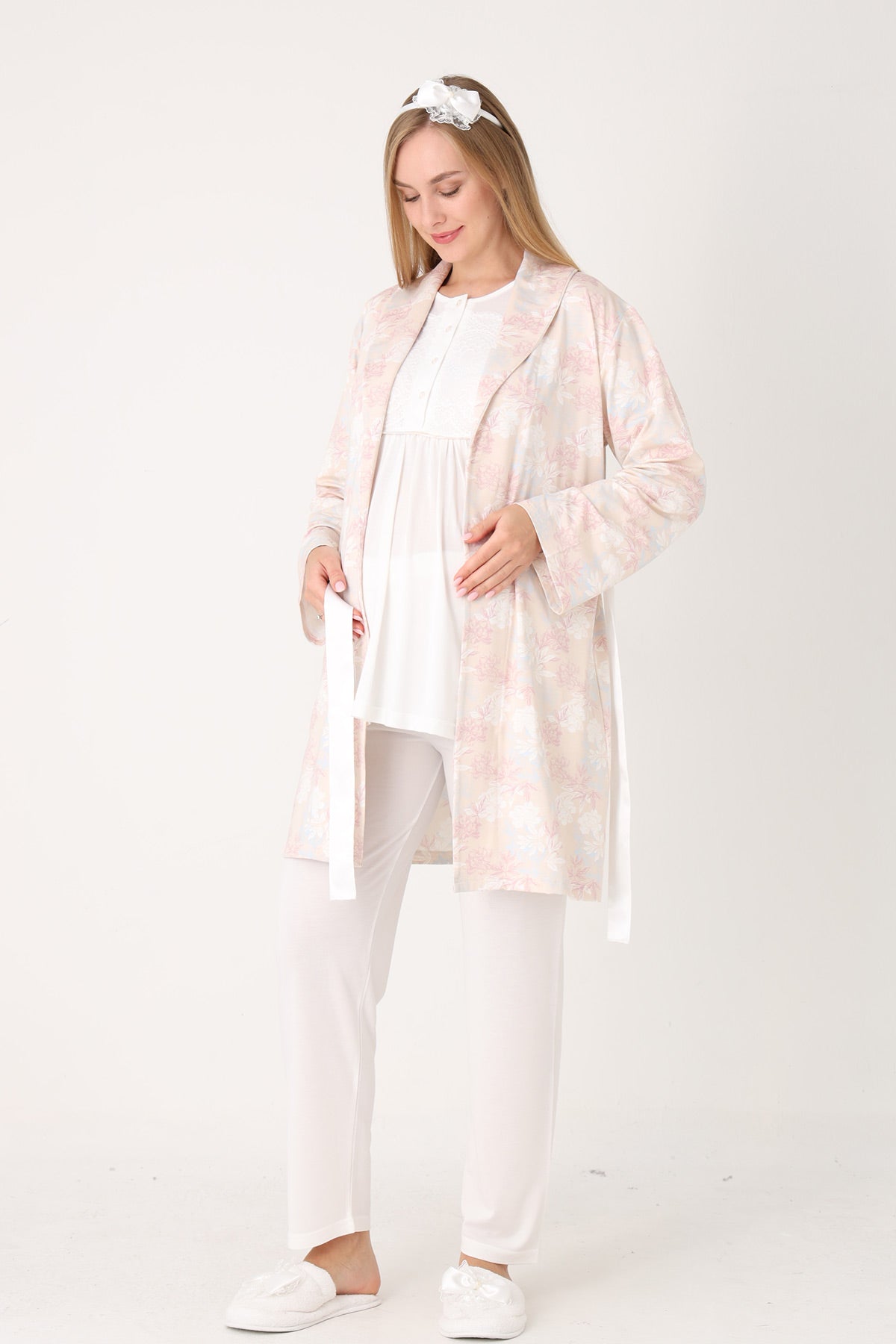 Guipure Collar 3-Piece Maternity-Nursing Pajama & Patterned Robe Set Ecru - 3456
