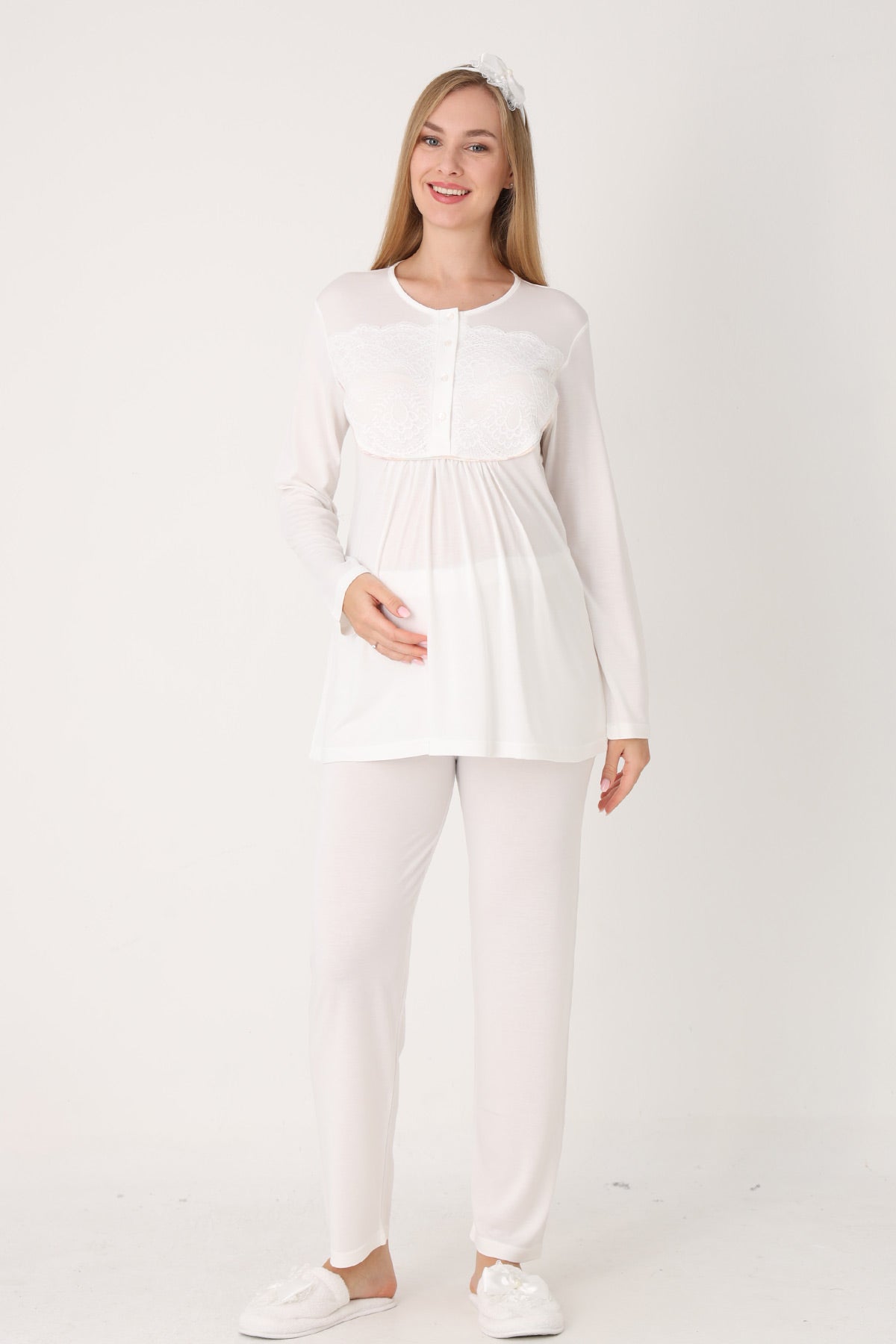 Guipure Collar 3-Piece Maternity-Nursing Pajama & Patterned Robe Set Ecru - 3456