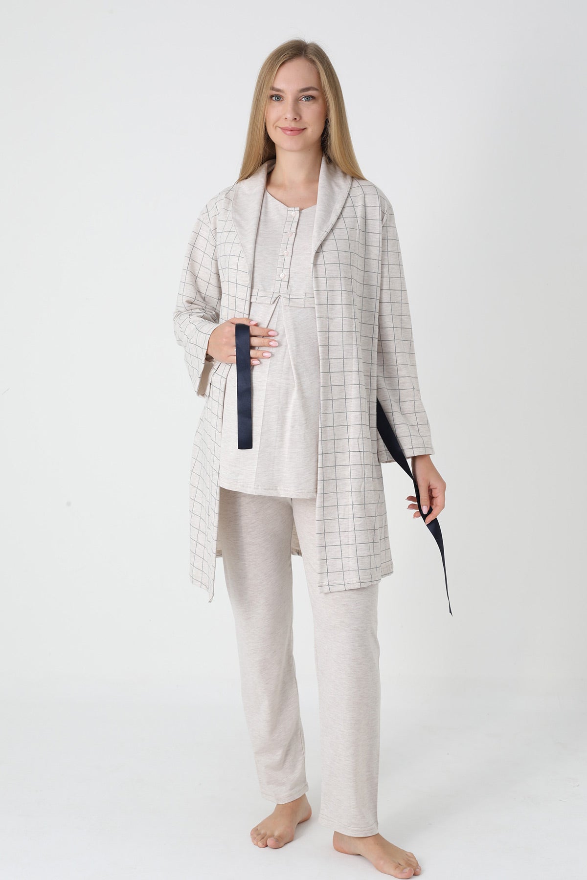 Plaid Pattern 3-Piece Maternity-Nursing Pajama & Robe Set Beige - 3458