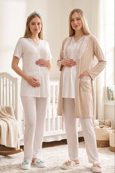 Lace Collar 3-Piece Maternity-Nursing Pajama & Robe Set Mink - 3459