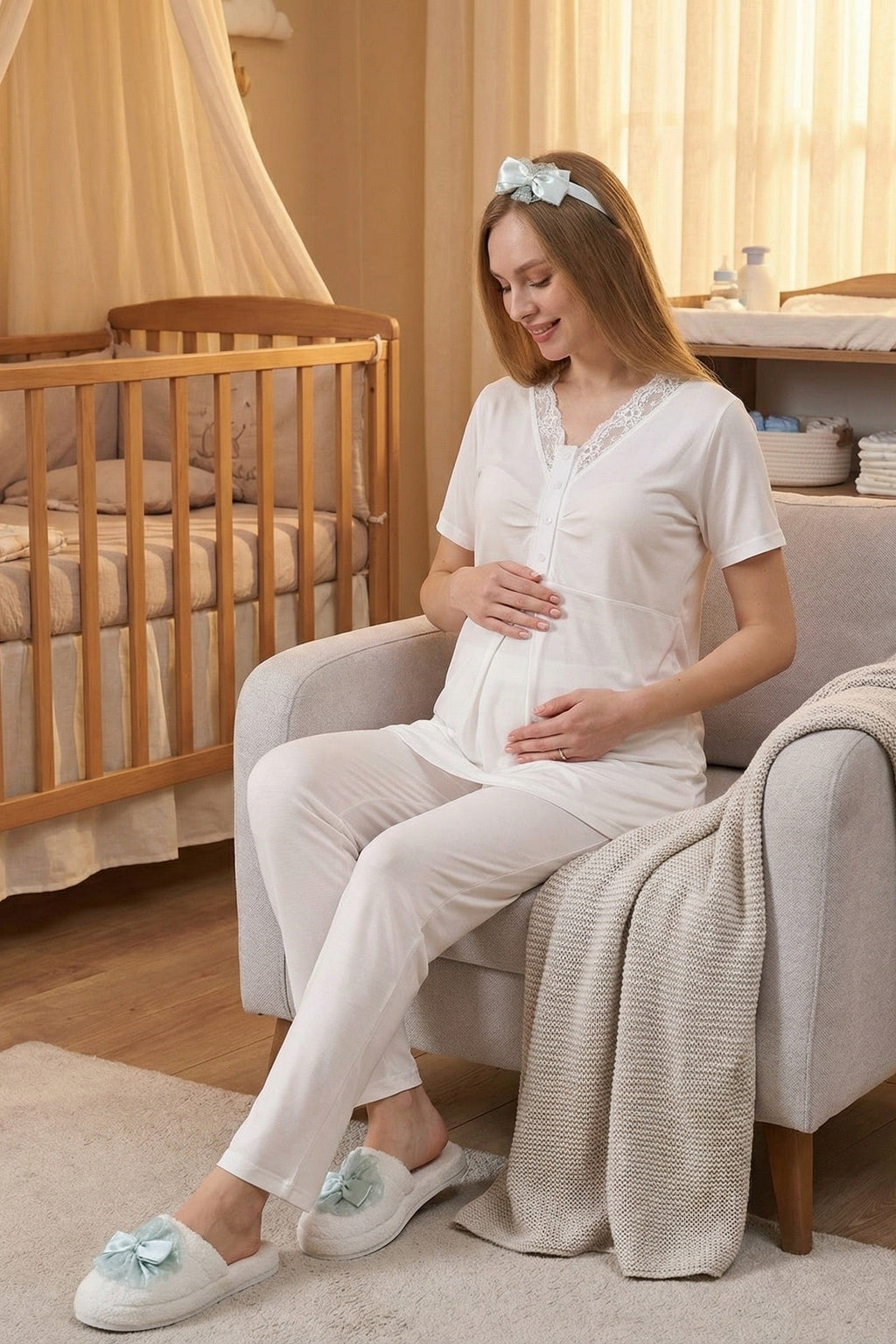 Lace Collar 3-Piece Maternity Feeding-Friendly Pajama & Robe Set Pomegranate Red - Z3459