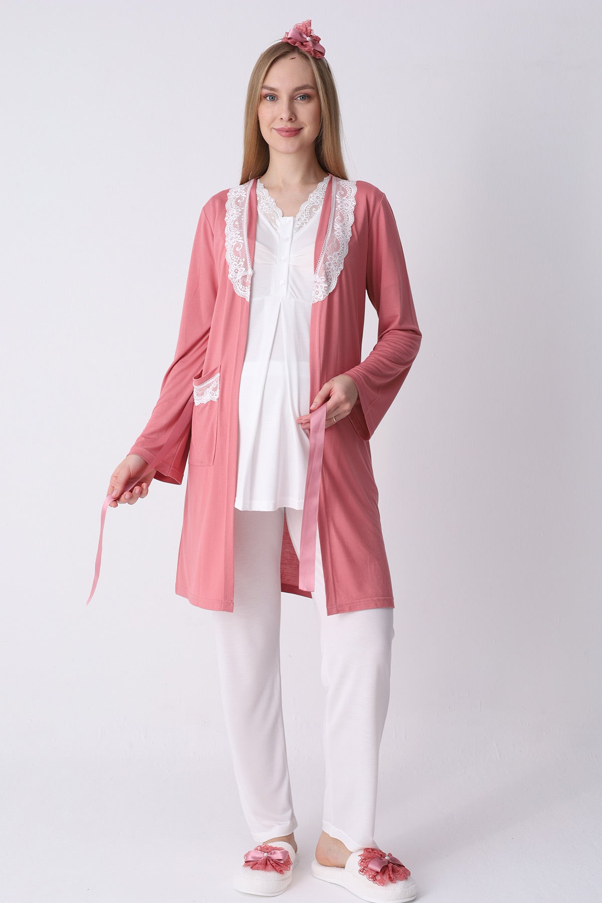 Lace Collar 3-Piece Maternity-Nursing Pajama & Robe Set Pomegranate Red - 3459