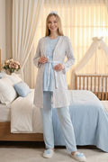 Lace Collar 3-Piece Maternity-Nursing Pajama & Patterned Robe Set Blue - 3460