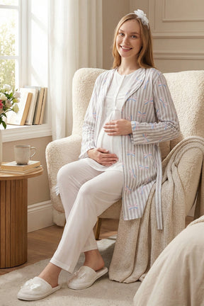 Lace Collar 3-Piece Maternity-Nursing Pajama & Patterned Robe Set Ecru - 3460