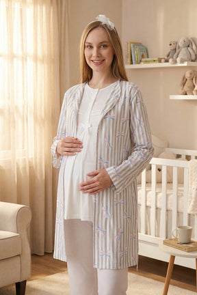 Lace Collar 3-Piece Maternity-Nursing Pajama & Patterned Robe Set Ecru - 3460