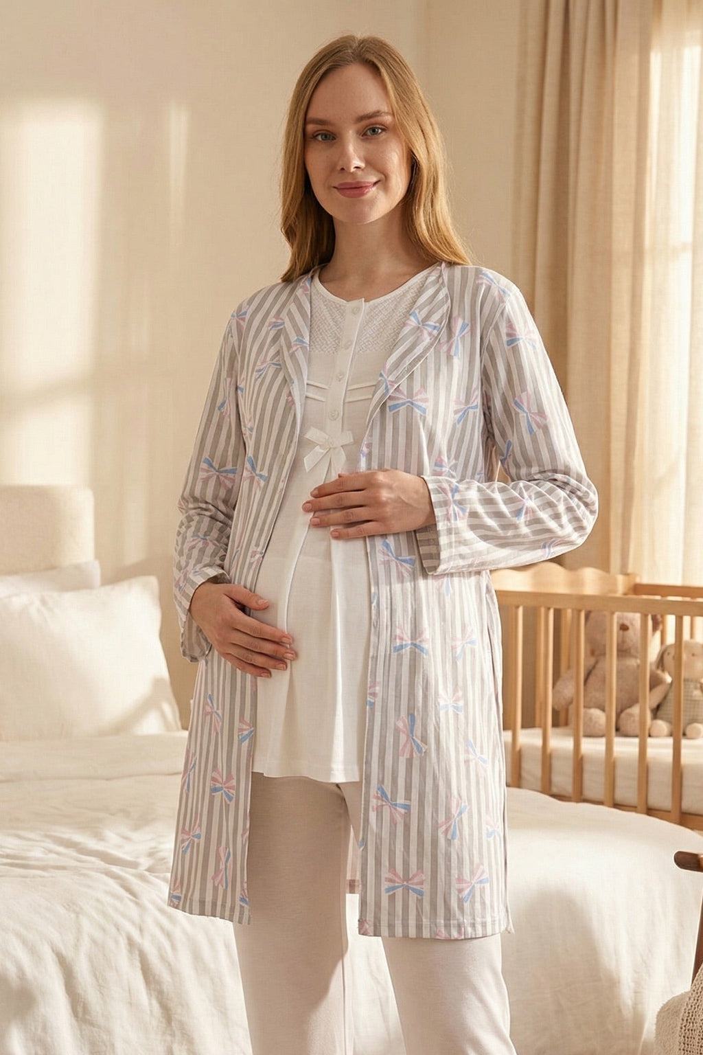 Lace Collar 3-Piece Maternity Feeding-Friendly Pajama & Patterned Robe Set Ecru - Z3460