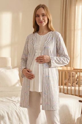 Lace Collar 3-Piece Maternity-Nursing Pajama & Patterned Robe Set Ecru - 3460