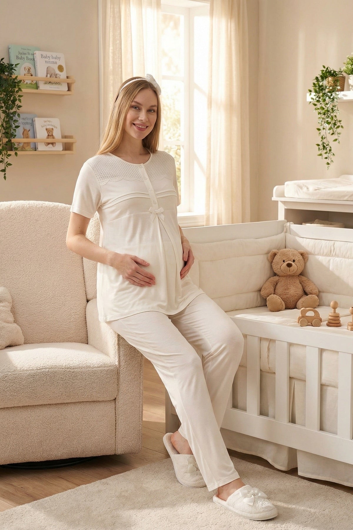 Lace Collar 3-Piece Maternity-Nursing Pajama & Patterned Robe Set Ecru - 3460