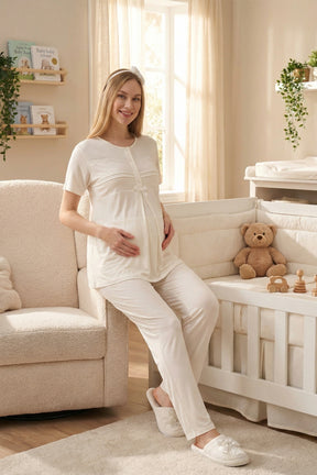 Lace Collar 3-Piece Maternity-Nursing Pajama & Patterned Robe Set Ecru - 3460
