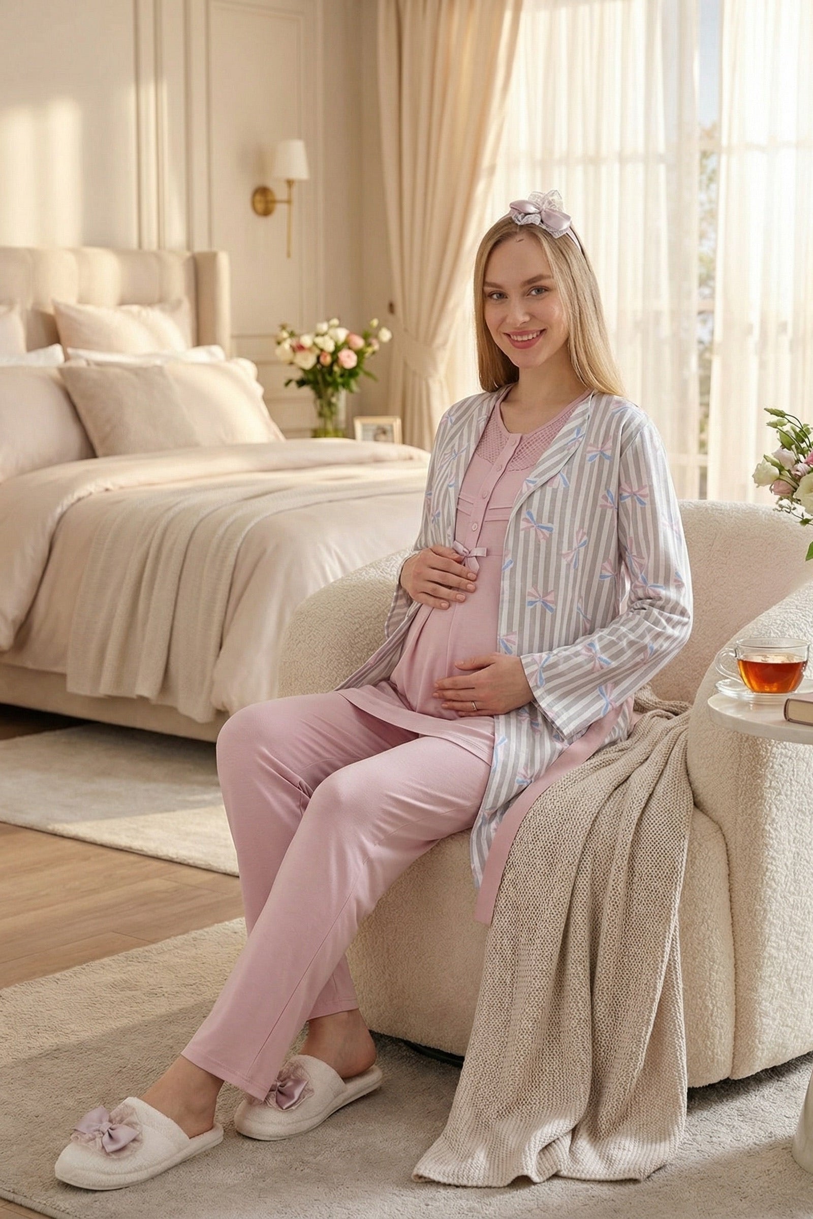 Lace Collar 3-Piece Maternity-Nursing Pajama & Patterned Robe Set Powder - 3460