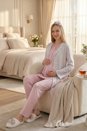 Lace Collar 3-Piece Maternity-Nursing Pajama & Patterned Robe Set Powder - 3460