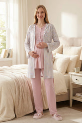 Lace Collar 3-Piece Maternity-Nursing Pajama & Patterned Robe Set Powder - 3460