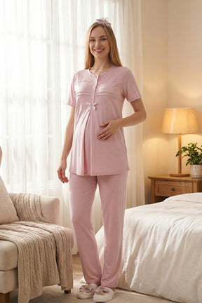 Lace Collar 3-Piece Maternity-Nursing Pajama & Patterned Robe Set Powder - 3460