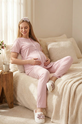 Lace Collar 3-Piece Maternity-Nursing Pajama & Patterned Robe Set Powder - 3460