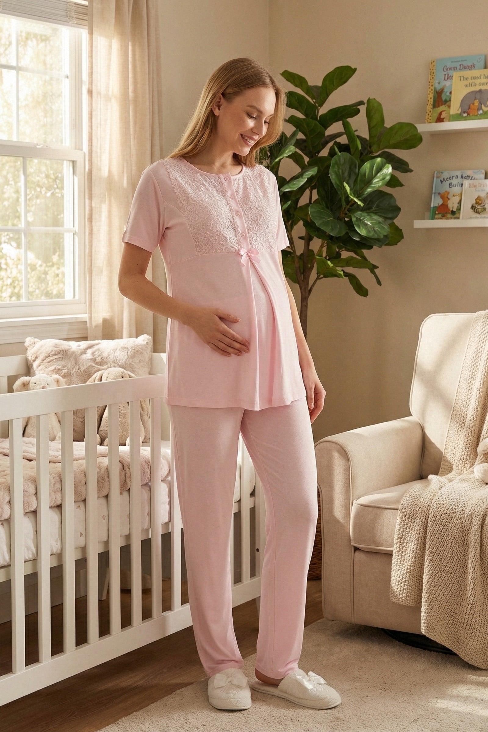 Guipure Collar 3-Piece Maternity-Nursing Pajama & Ribbed Robe Set Pink - 3461