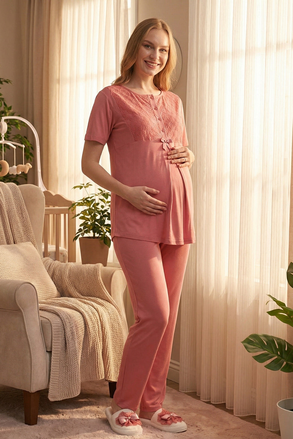Guipure Collar 3-Piece Maternity-Nursing Pajama & Ribbed Robe Set Pomegranate Red - 3461