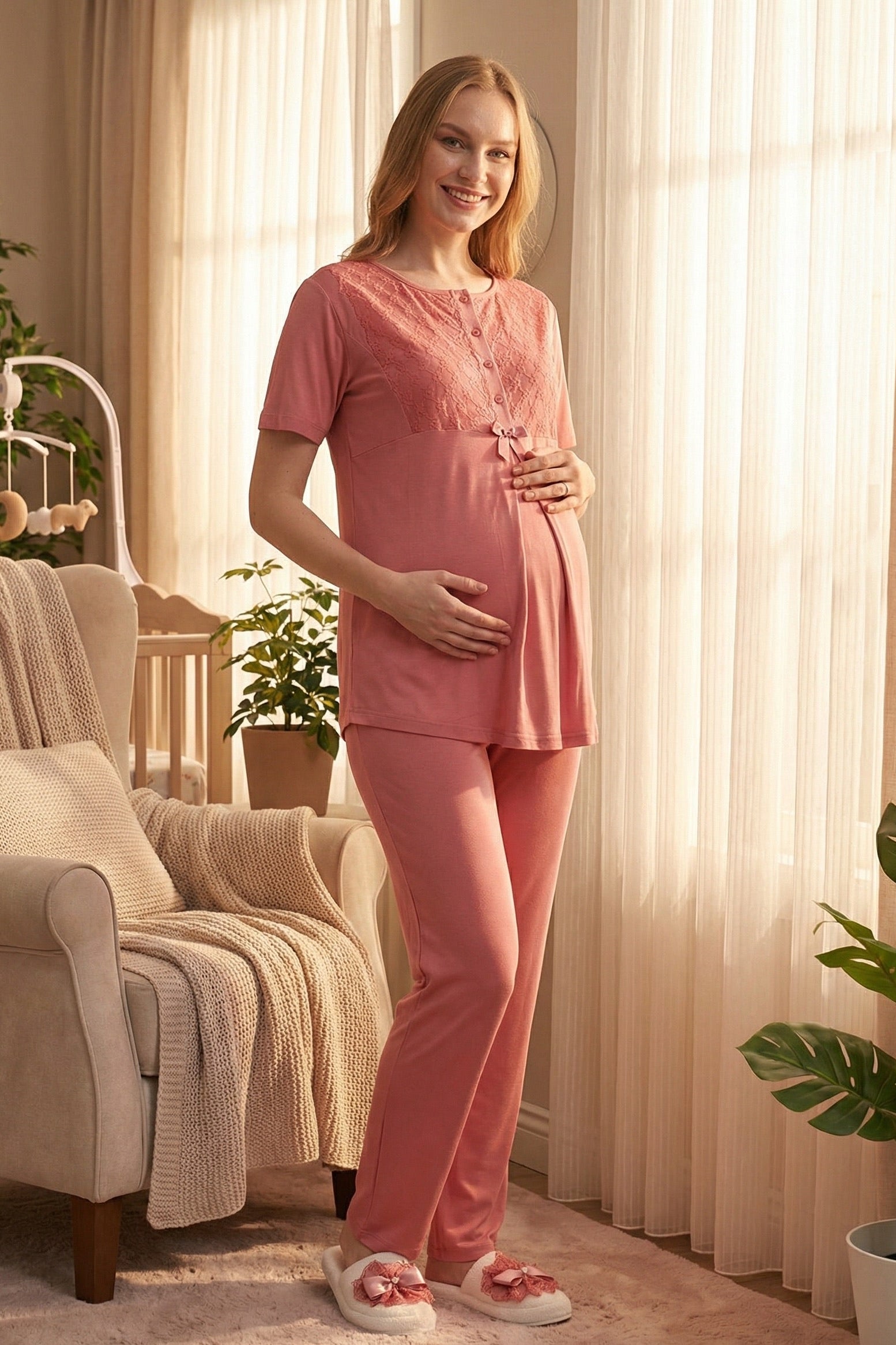 Guipure Collar 3-Piece Maternity-Nursing Pajama & Ribbed Robe Set Pomegranate Red - 3461