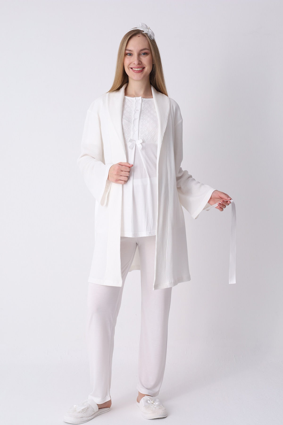 Guipure Collar 3-Piece Maternity-Nursing Pajama & Ribbed Robe Set Ecru - 3461