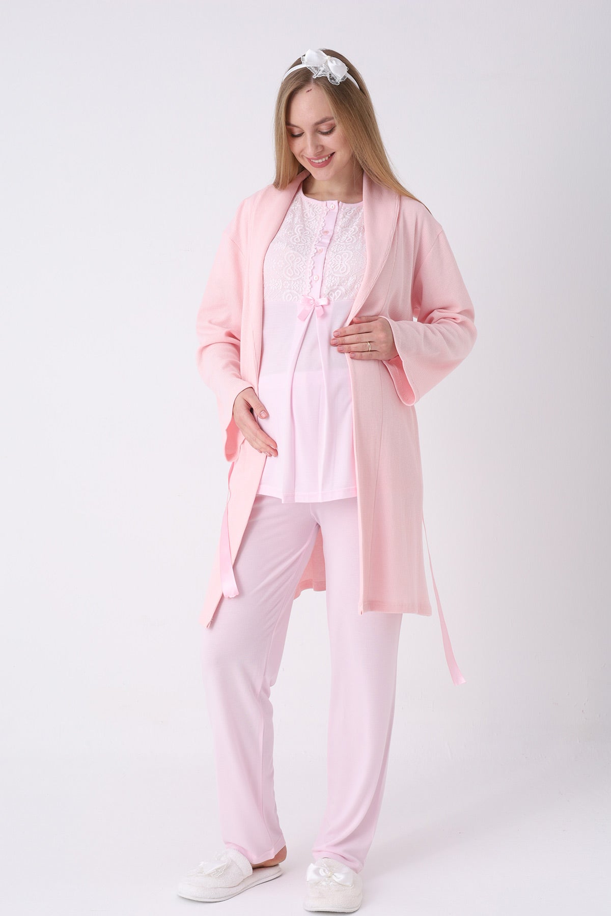 Guipure Collar 3-Piece Maternity-Nursing Pajama & Ribbed Robe Set Pink - 3461