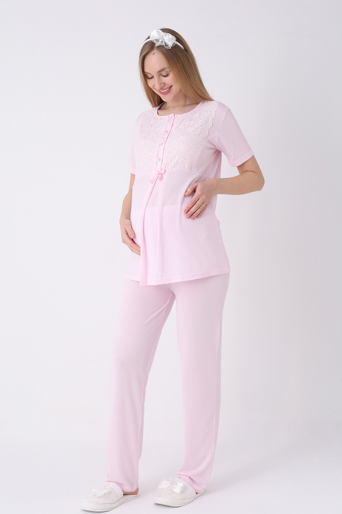 Guipure Collar 3-Piece Maternity-Nursing Pajama & Ribbed Robe Set Pink - 3461