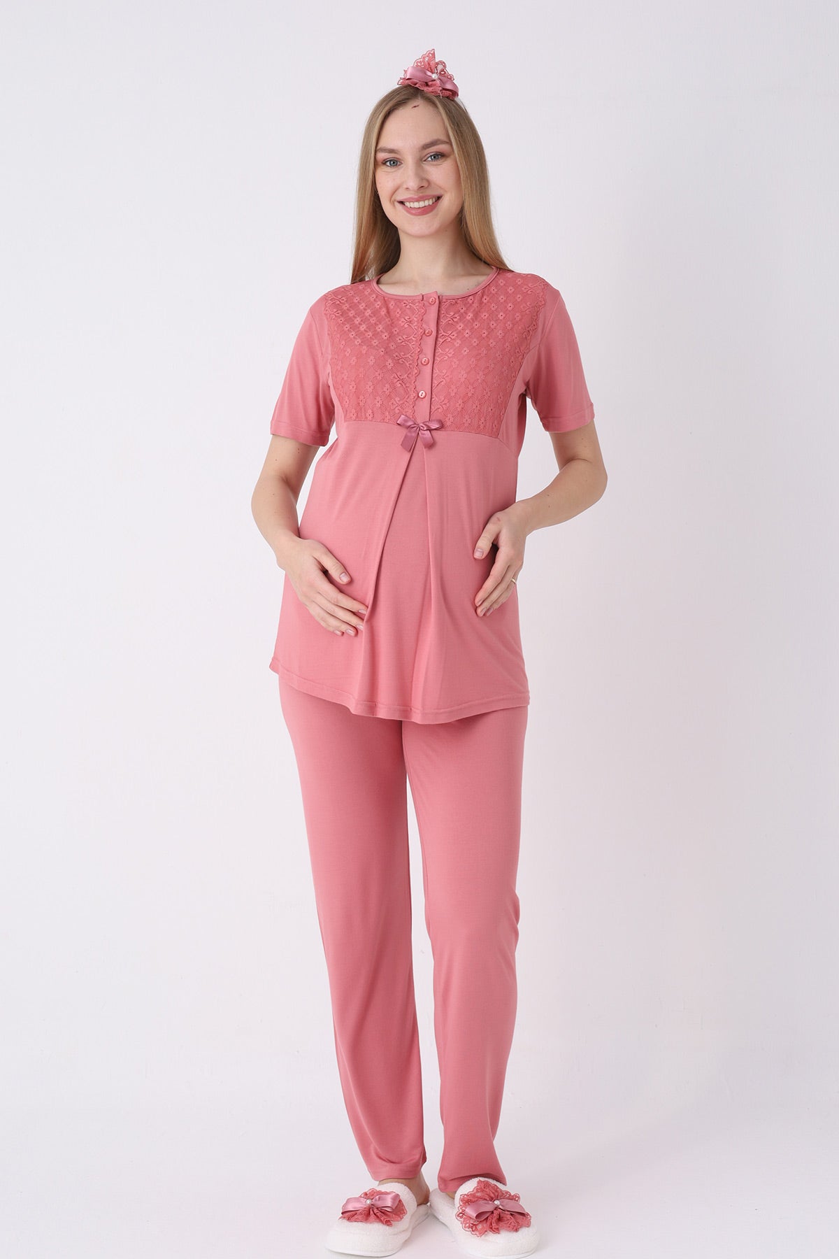 Guipure Collar 3-Piece Maternity-Nursing Pajama & Ribbed Robe Set Pomegranate Red - 3461
