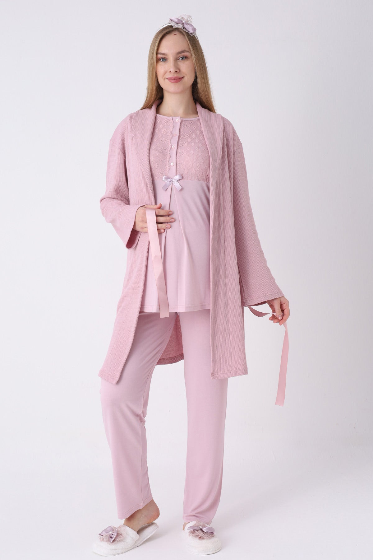 Guipure Collar 3-Piece Maternity-Nursing Pajama & Ribbed Robe Set Powder - 3461