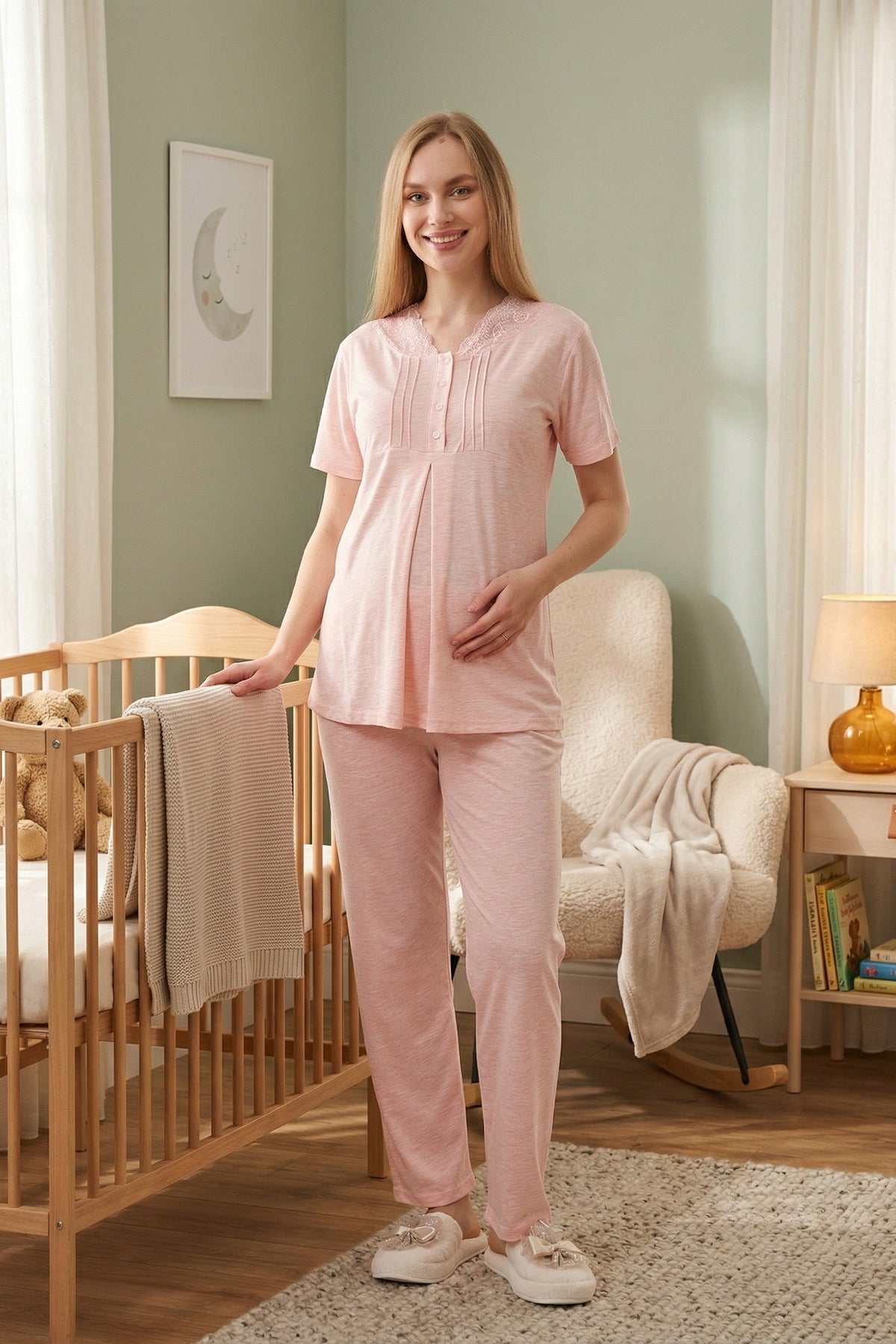 Lace Collar 3-Piece Maternity-Nursing Pajama & Crepe Robe Set Salmon - 3462