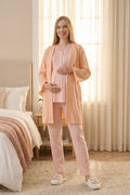 Lace Collar 3-Piece Maternity-Nursing Pajama & Crepe Robe Set Salmon - 3462