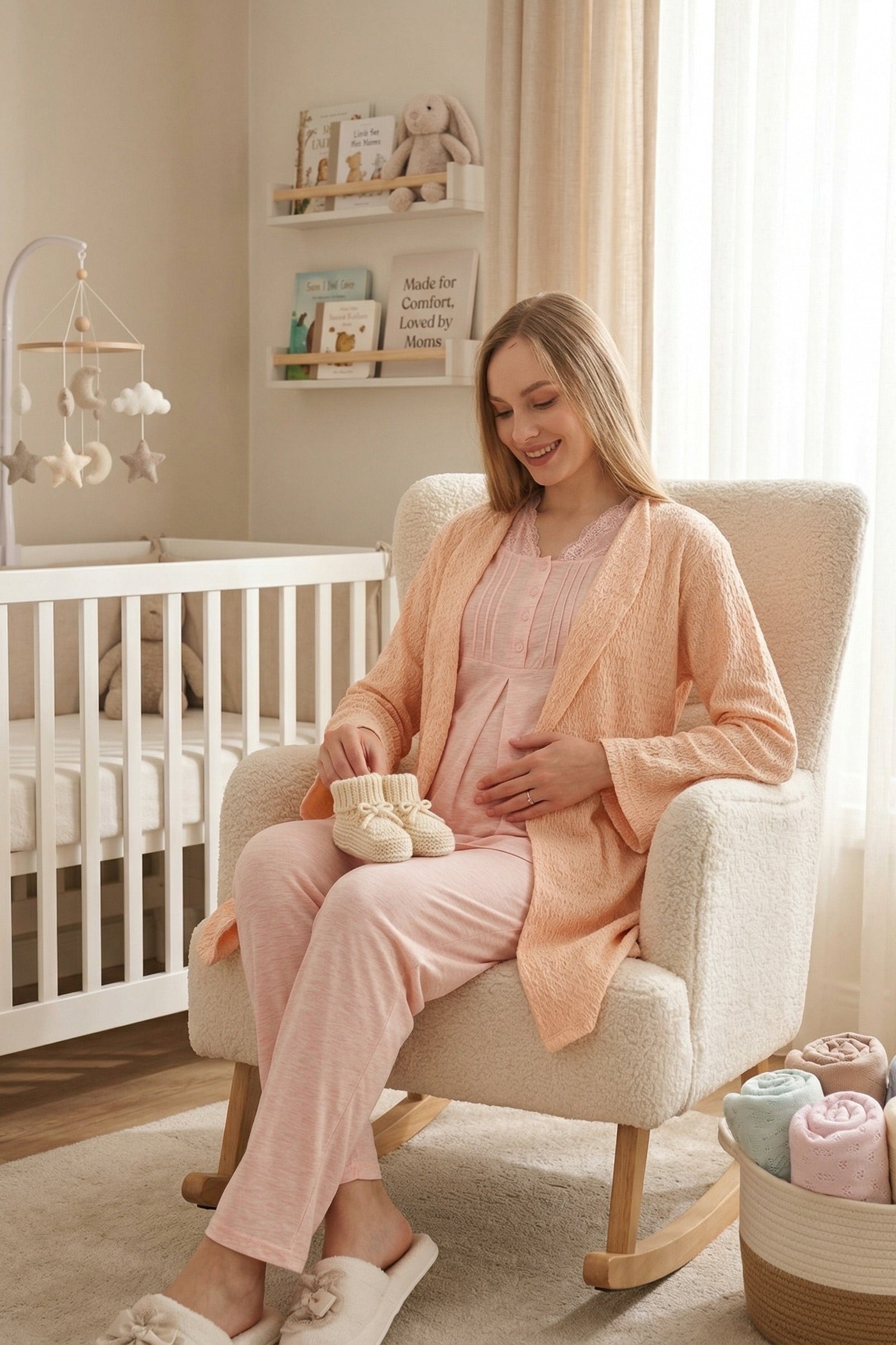 Lace Collar 3-Piece Maternity-Nursing Pajama & Crepe Robe Set Salmon - 3462