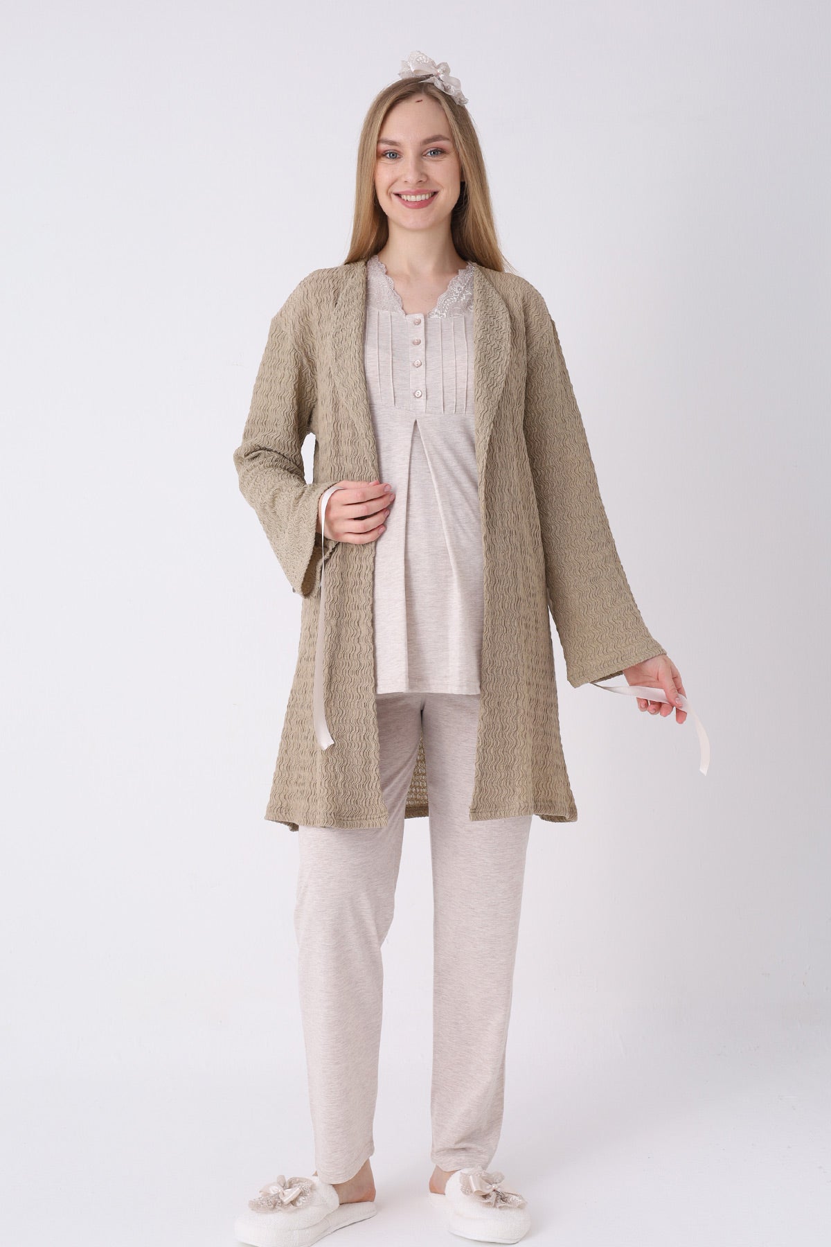 Lace Collar 3-Piece Maternity-Nursing Pajama & Crepe Robe Set Beige - 3462