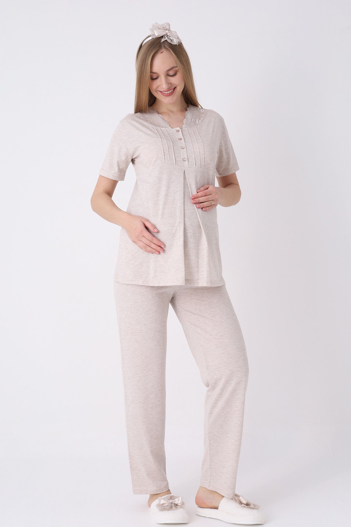 Lace Collar 3-Piece Maternity-Nursing Pajama & Crepe Robe Set Beige - 3462