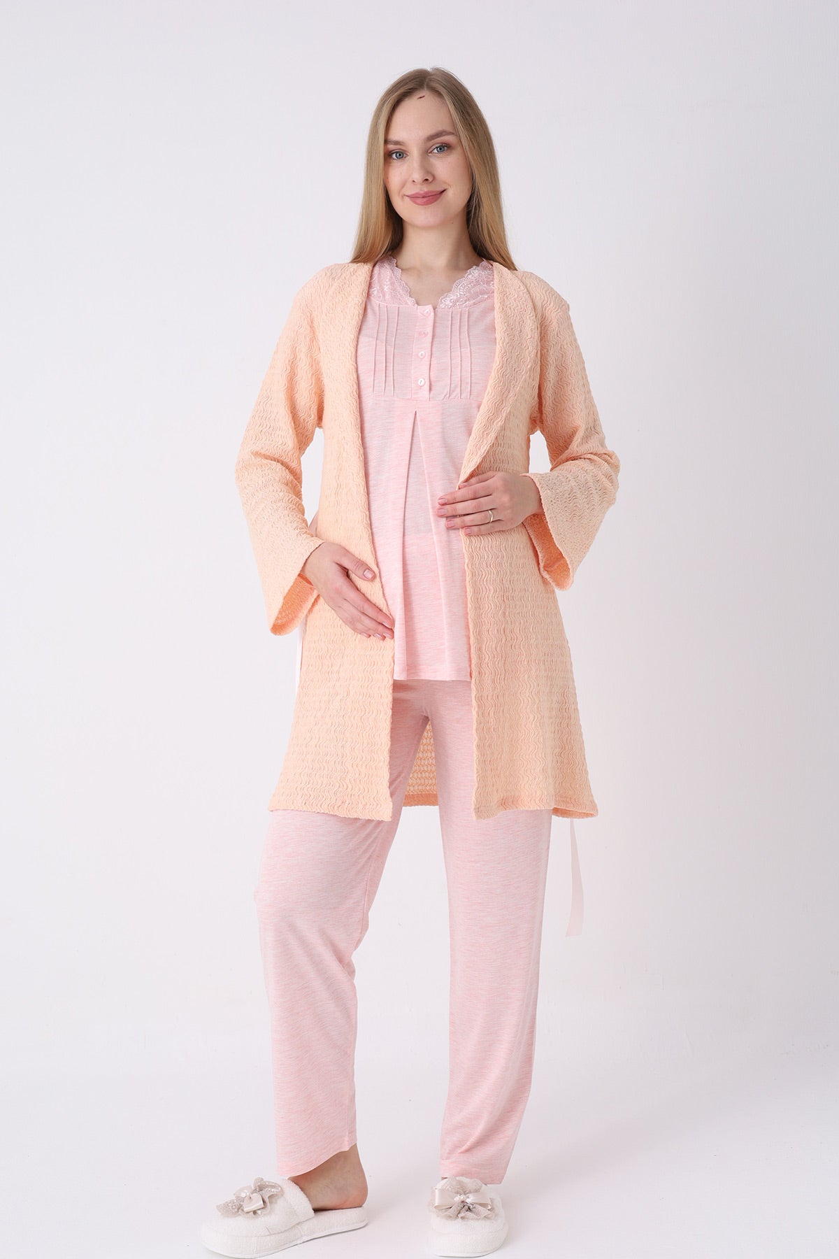 Lace Collar 3-Piece Maternity-Nursing Pajama & Crepe Robe Set Salmon - 3462