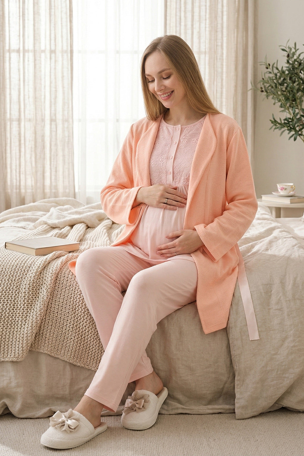 Lacy 3-Piece Maternity-Nursing Pajama & Textured Robe Set Salmon - 3463