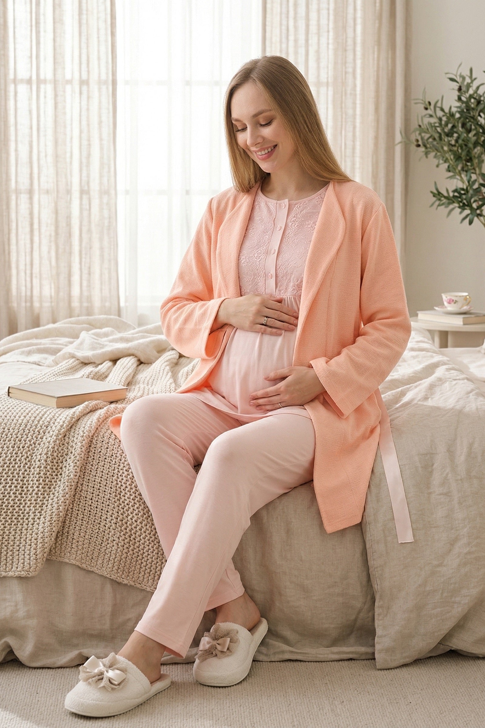 Lacy 3-Piece Maternity-Nursing Pajama & Textured Robe Set Salmon - 3463