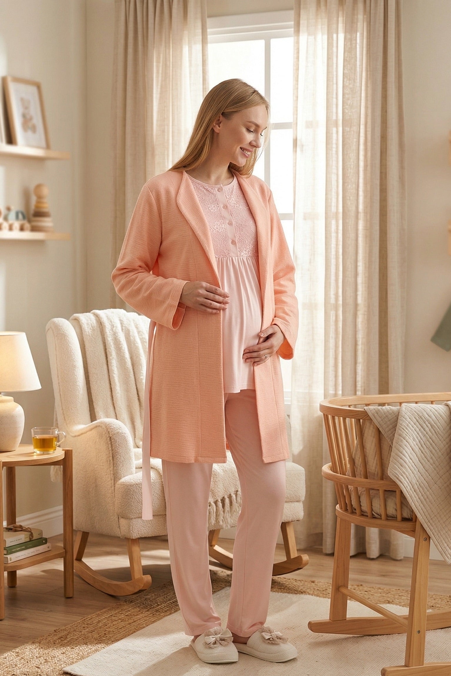 Lacy 3-Piece Maternity-Nursing Pajama & Textured Robe Set Salmon - 3463