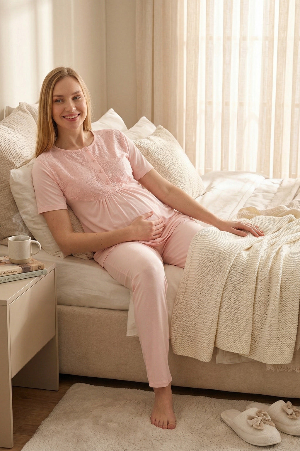 Lacy 3-Piece Maternity-Nursing Pajama & Textured Robe Set Salmon - 3463