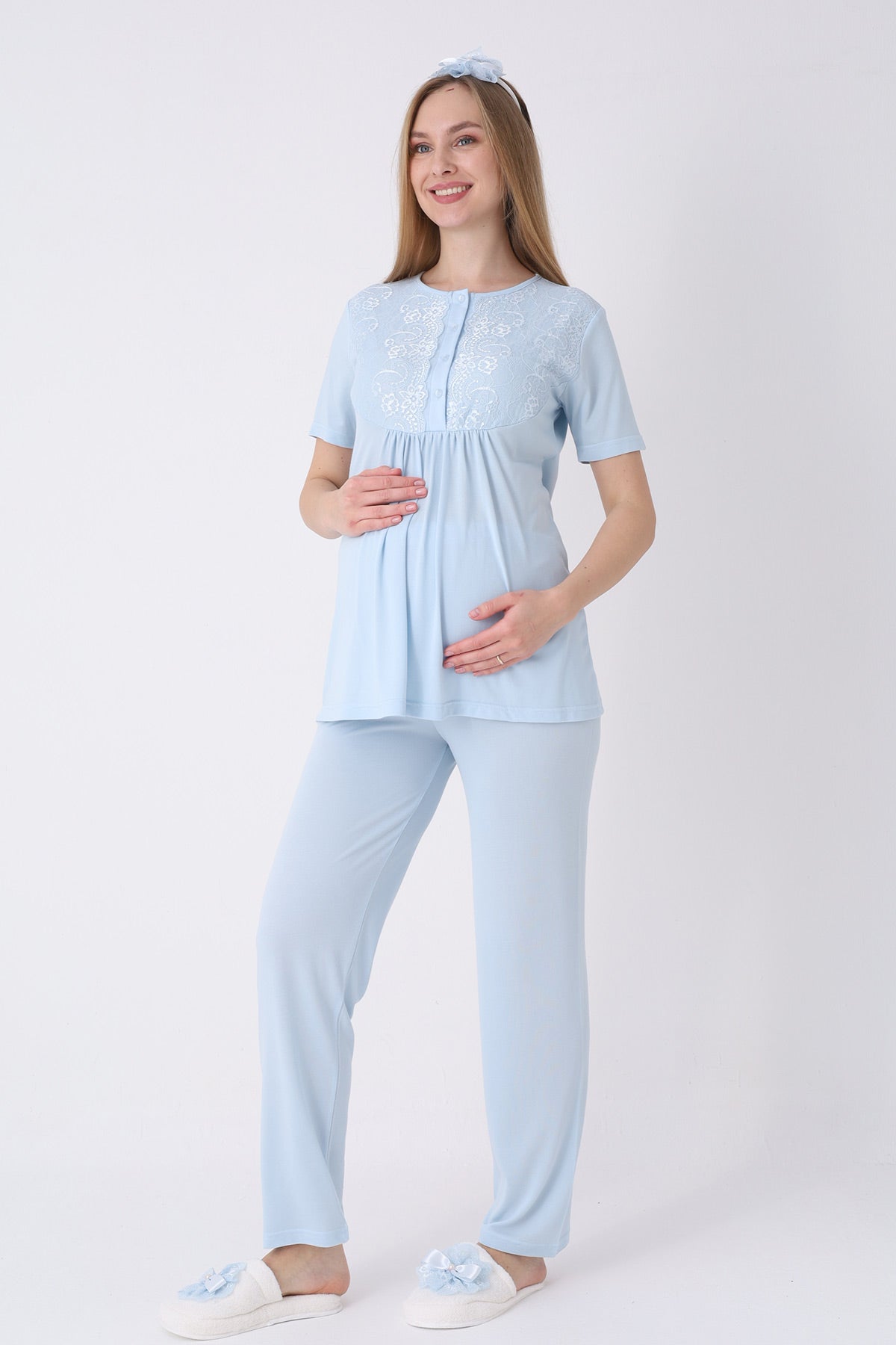 Lacy 3-Piece Maternity-Nursing Pajama & Textured Robe Set Blue - 3463